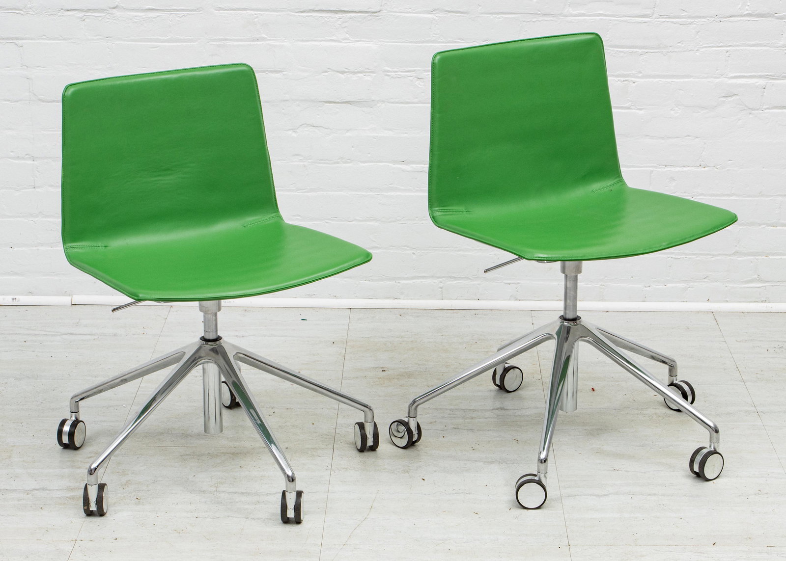 ANDREU WORLD GREEN LEATHER OFFICE CHAIRS, PAIR, H 31", (1 of 3)