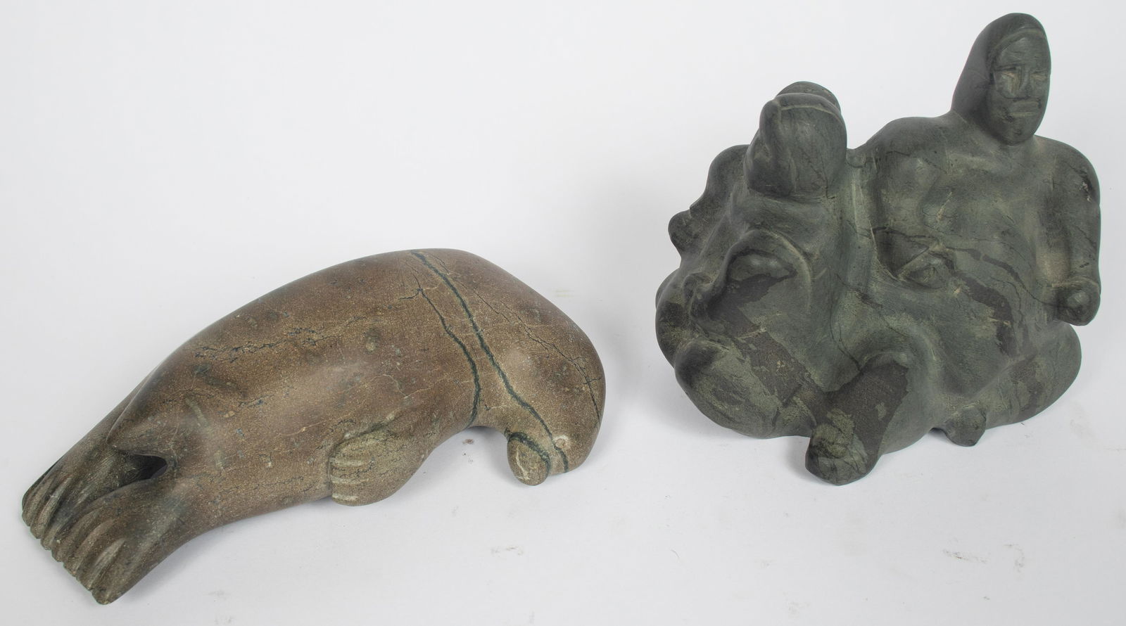 INUIT STONE SCULPTURES, 2 PCS, H 3"-7", SEAL & SEATED (1 of 5)