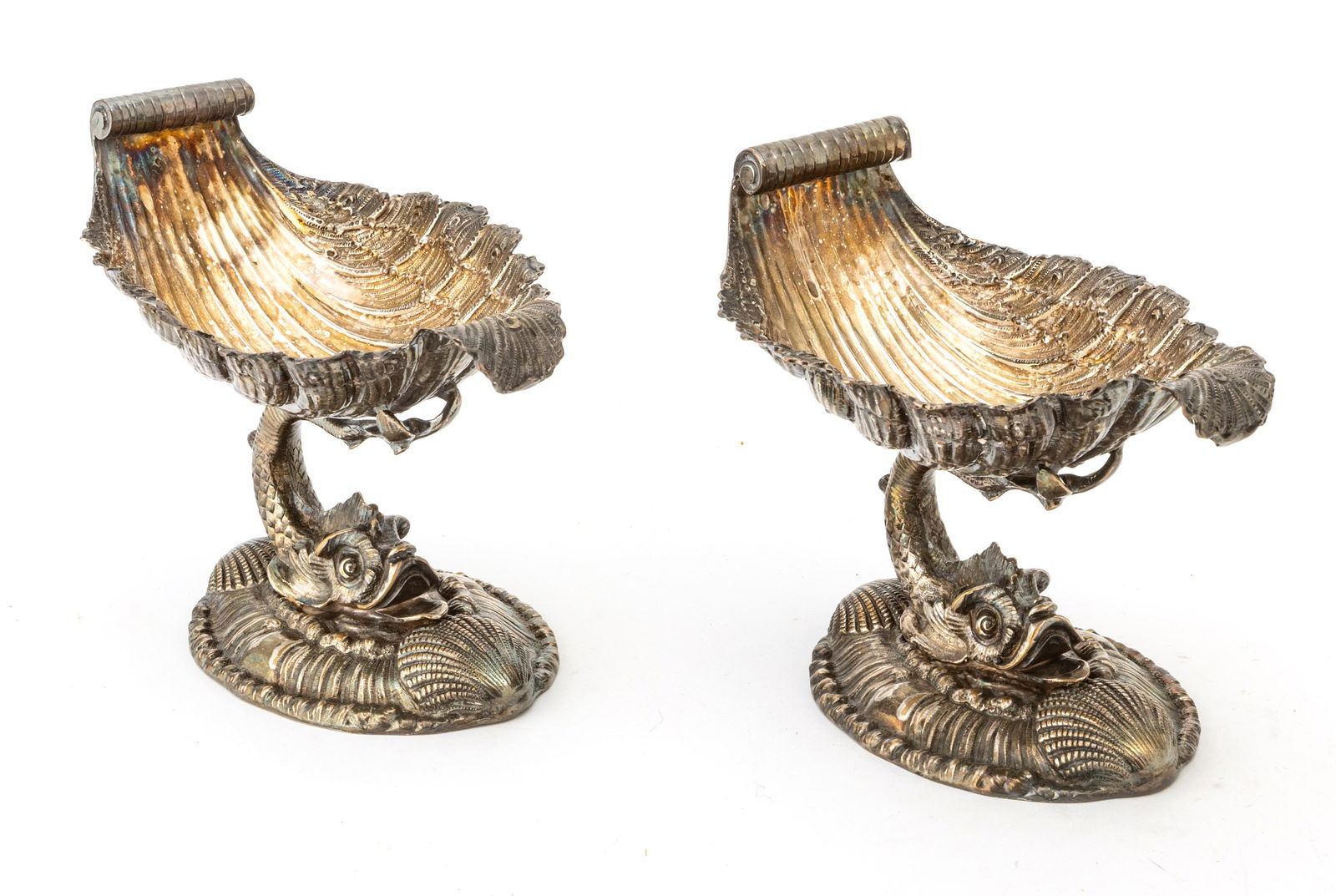 SILVER PLATE SWEET MEAT COMPOTES, PAIR, H 6", L 8", OLD (1 of 3)