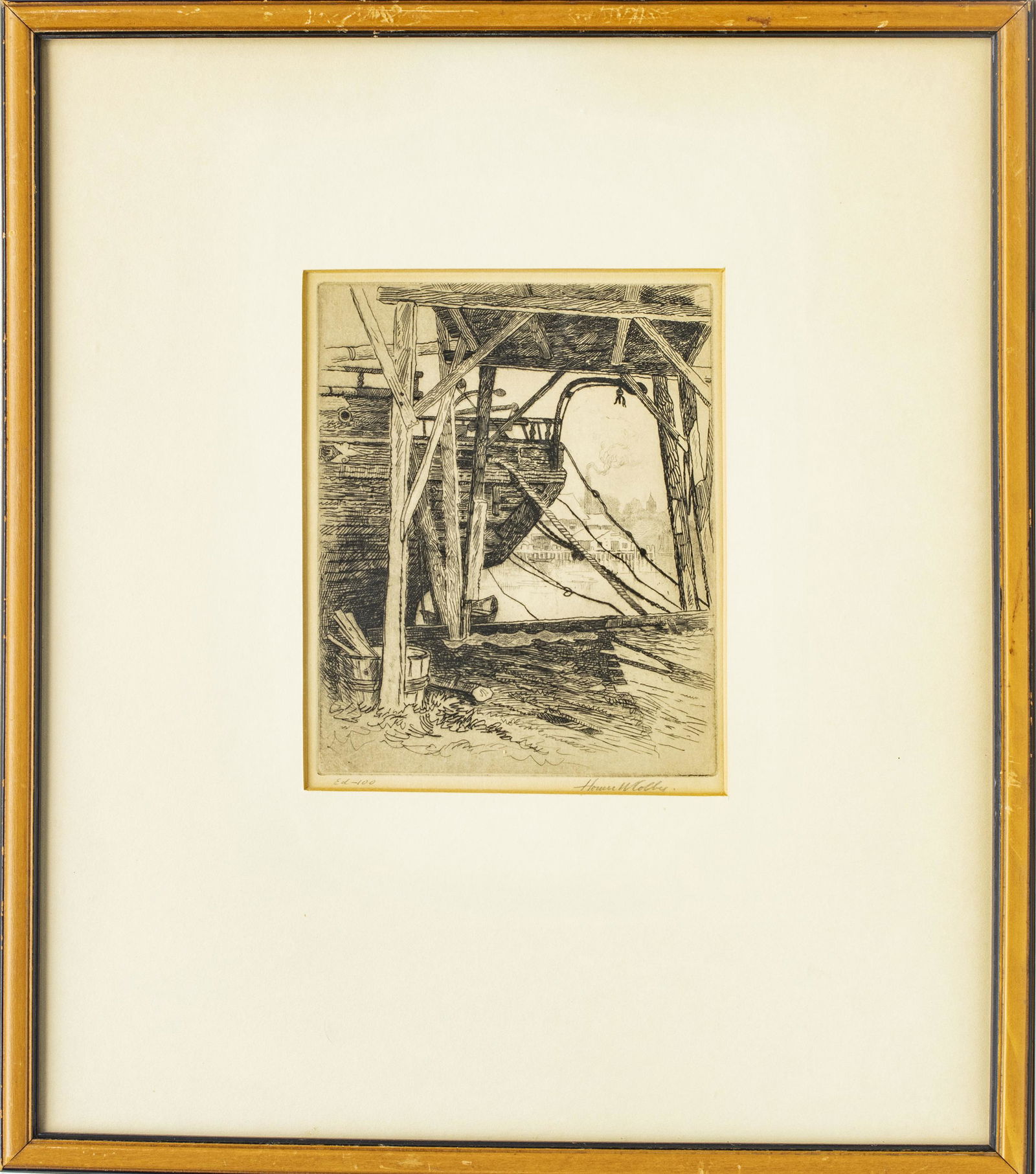 HOMER W. COLBY ETCHING C 1900,  H 6" W 4.7" SHIP HULL (1 of 3)