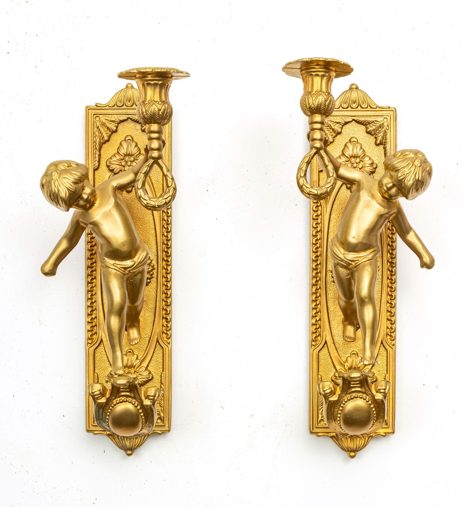 FRENCH REGENCY STYLE CHERUB FORM CANDLE SCONCES, GILDED (1 of 3)