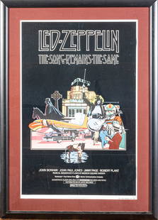 LED ZEPPELIN ONE SHEET MOVIE POSTER, 1976, H 40" W 26": LED ZEPPELIN ONE SHEET MOVIE POSTER, 1976, H 40" W 26" "THE SONG REMAINS THE SAME" Stamp numbered in the lower right 76/191. Frame H 49" W 35.25" Provenance: Gallery Animato, Birmingham, Michigan