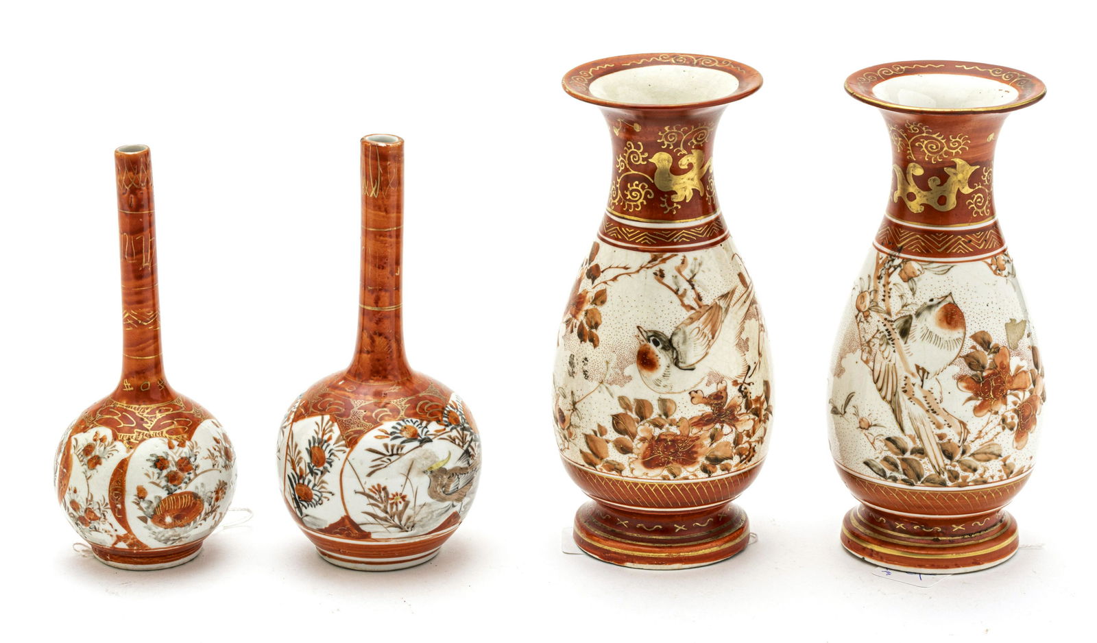 JAPANESE KUTANI PORCELAIN VASES 19TH. 2 PAIRS H 7.5" ,: JAPANESE KUTANI PORCELAIN VASES 19TH. 2 PAIRS H 7.5" , 8" Four pieces. One pair with stick neck form. From the estate of Lois Jacobs, Grosse Pointe Shores.