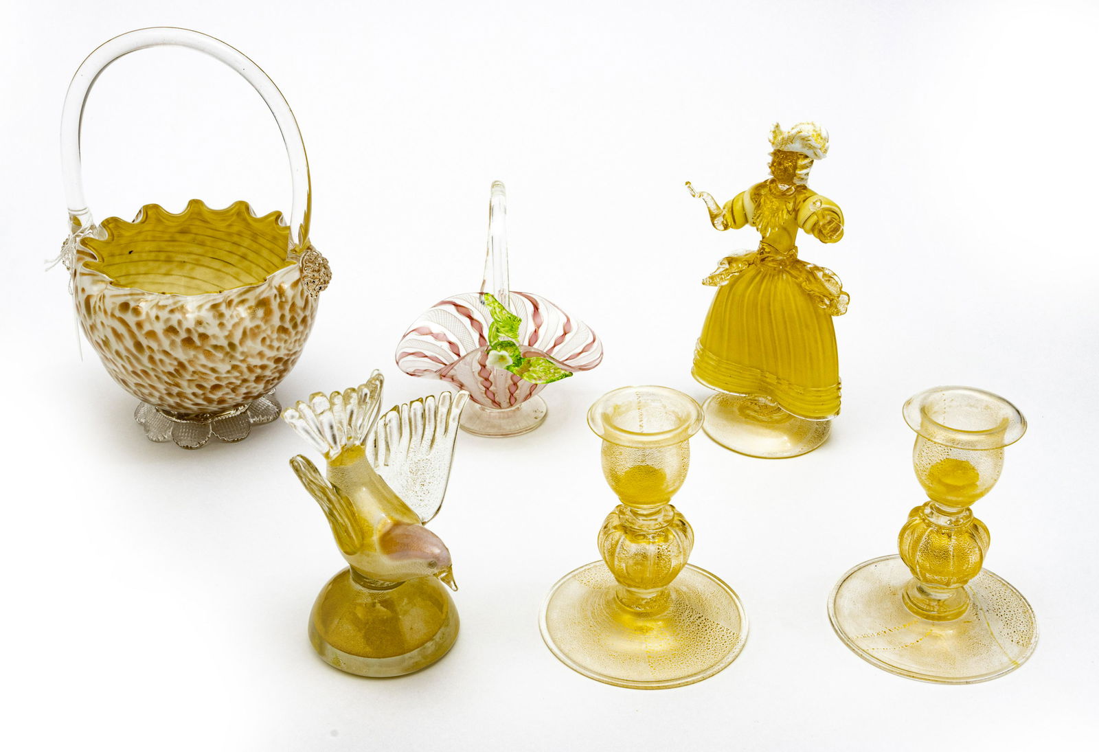 VENETIAN MURANO GLASS CANDLESTICKS, BASKETS, FIGURINES (1 of 2)