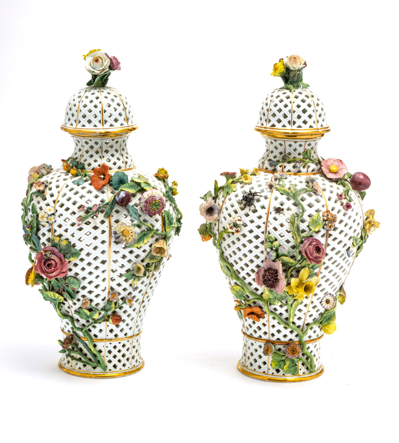 MEISSEN PORCELAIN COVERED URNS, 19TH C, PAIR, H 22", (1 of 6)