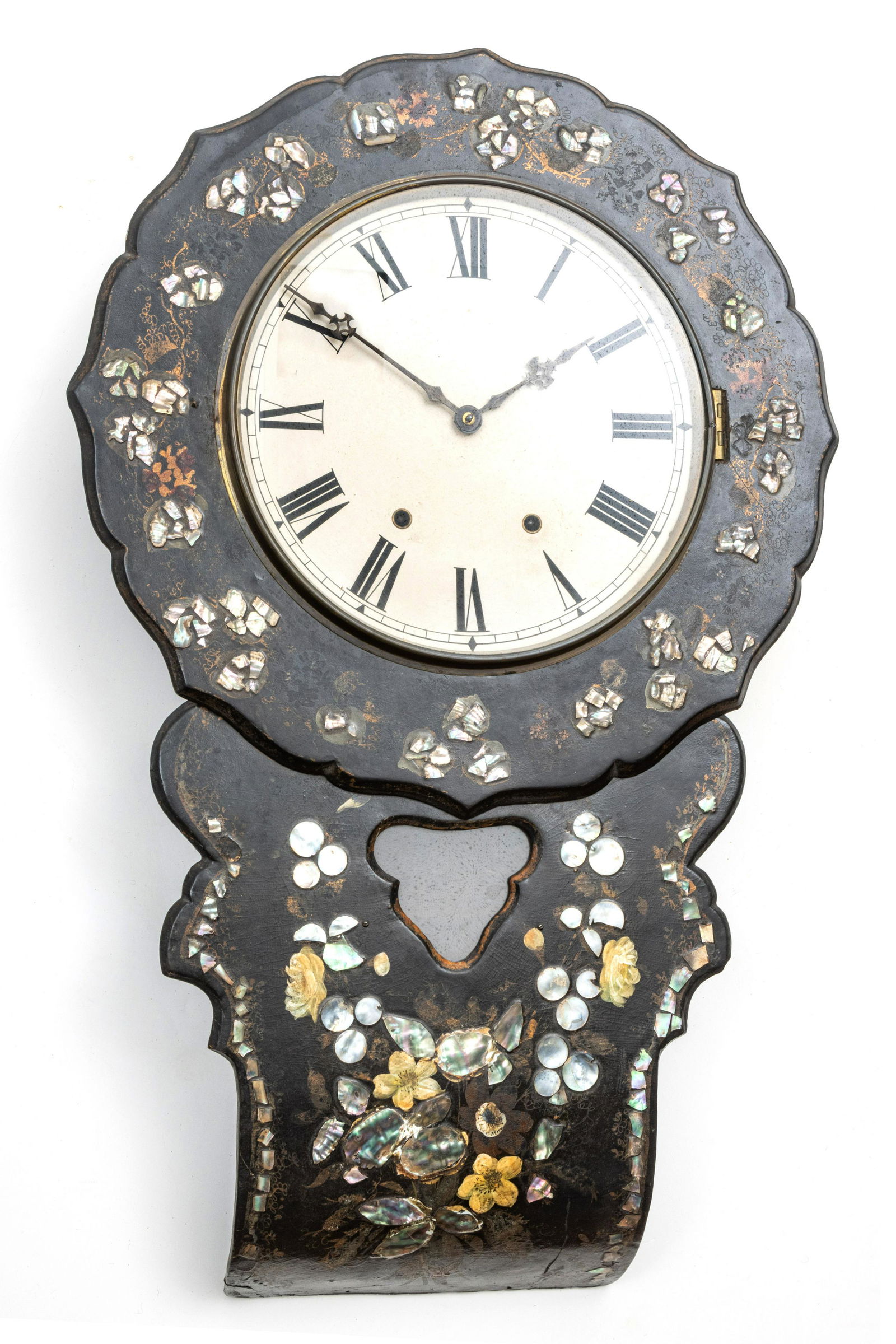 FRENCH PAPIER MACHE & MOTHER-OF-PEARL WALL CLOCK, 19TH (1 of 5)