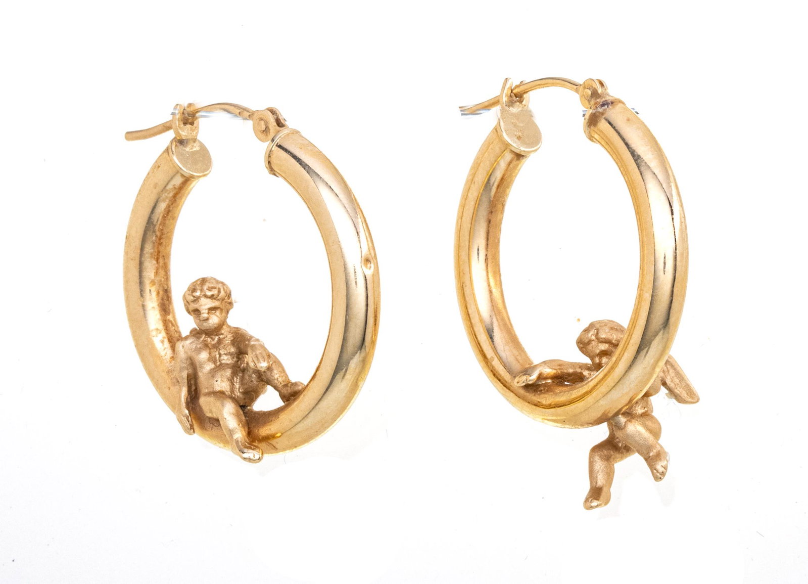 14KT GOLD HOOPS WITH ANGELS, DIA 3/4", T.W. 3.9 GR: 14KT GOLD HOOPS WITH ANGELS, DIA 3/4", T.W. 3.9 GR A pair of 14kt yellow gold earrings. Each having a playful angel form. Total weight: 3.9 grams.