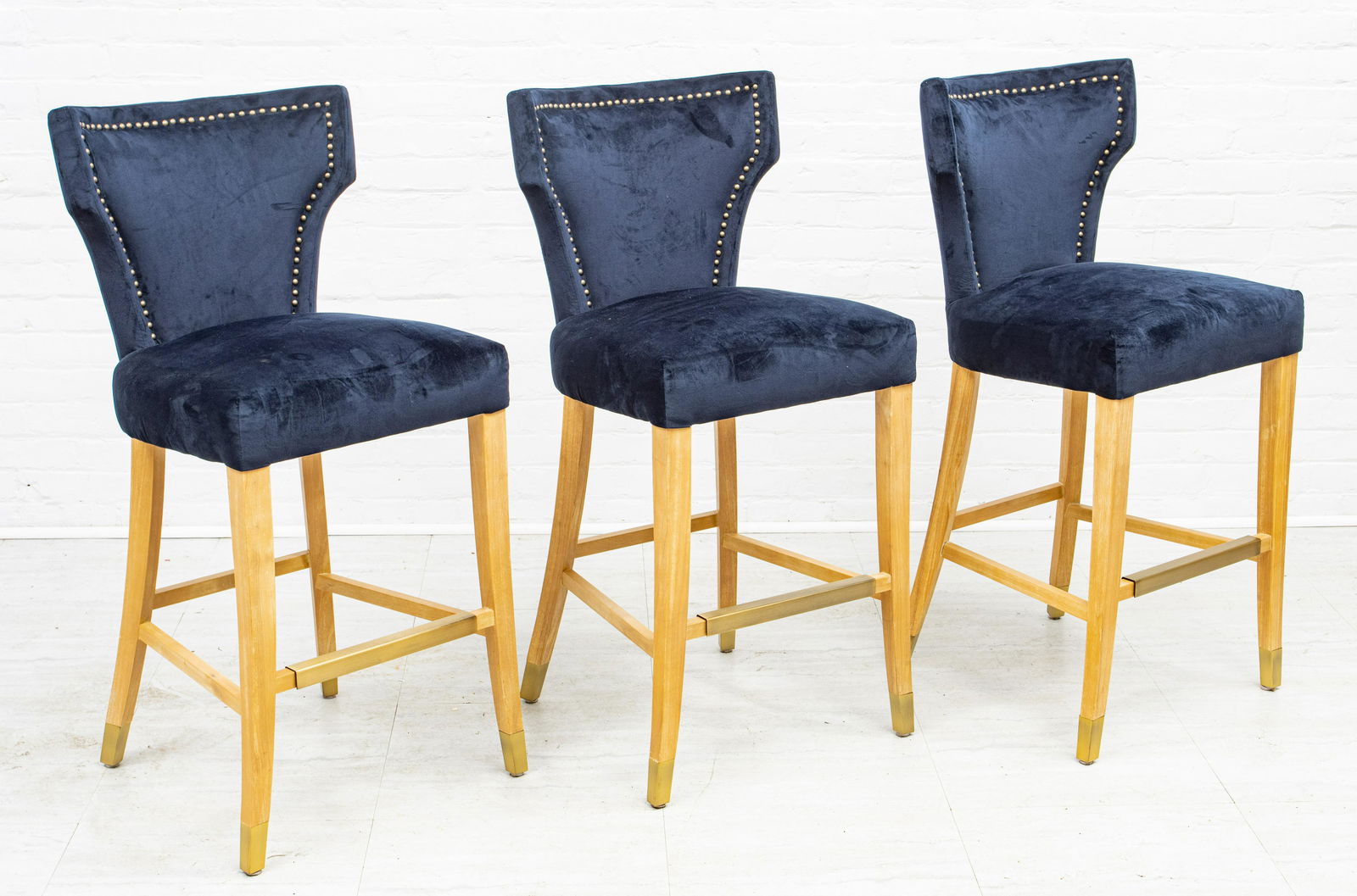 BLUE VELVET BAR STOOLS GROUP OF THREE, H 43", W 20", D (1 of 2)