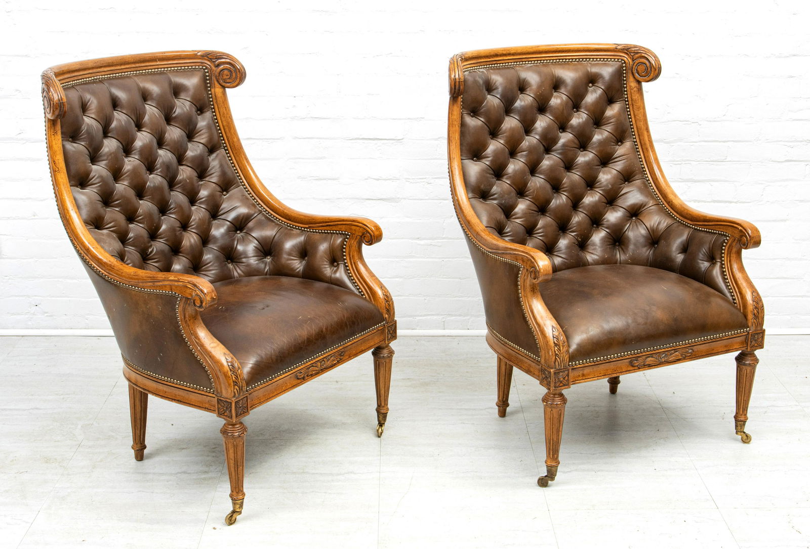 TUFTED LEATHER WINGBACK CHAIRS, PAIR, H 45", W 30" D (1 of 2)