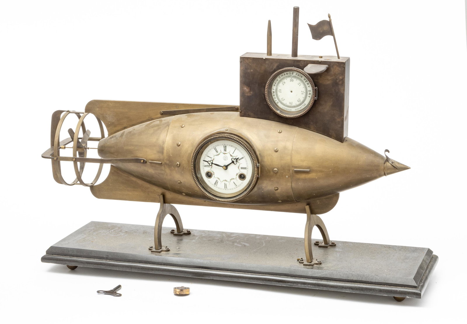 BRONZE SUBMARINE-FORM CLOCK AND BAROMETER, 20TH C., H (1 of 5)