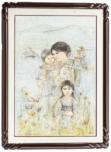 EDNA HIBEL, LITHOGRAPH & OIL ON BOARD, H 34", W 23",: EDNA HIBEL, LITHOGRAPH & OIL ON BOARD, H 34", W 23", MOTHER & CHILDREN Artist's signature to the lower right. Unique work. Provenance: From the Estate of Dr. James Letson, Saginaw, MI