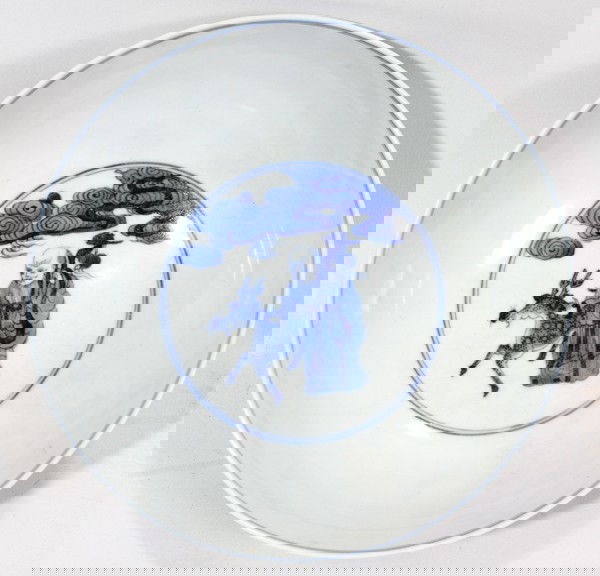 CHINESE BLUE WHITE PORCELAIN BOWL, H 3 1/2", : CHINESE BLUE WHITE PORCELAIN BOWL, H 3 1/2", DIA 8 3/8":Featuring eight male figures spaced on the exterior and signed in center of base; man with an antlered deer on the interior.