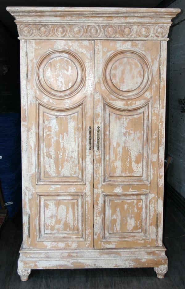 ANTIQUED WOOD CONTEMPORARY ARMOIRE H 90", W 54": MEDITERRANEAN STYLE ANTIQUED WOOD CONTEMPORARY ARMOIRE, H 90", W 54", D 25":Fully paneled; double doors; ball feet. Fitted interior with 3 drawers and a pull-out, swivel TV shelf.