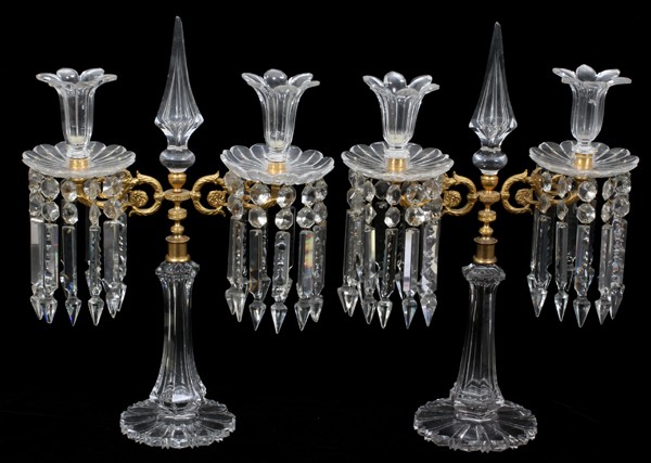 CUT CRYSTAL & BRONZE TWO LIGHT CANDELABRA, PAIR: CUT CRYSTAL & BRONZE TWO LIGHT CANDELABRA, PAIR, H 20 1/2", L 15":Eleven spear shape prisms on each candle. Central sphere form design.