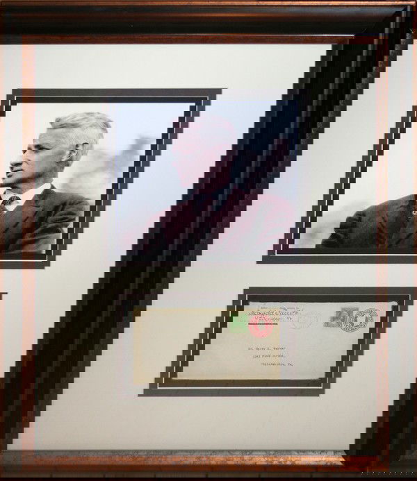 MAXFIELD PARRISH AUTOGRAPH ENVELOPE + B/W PHOTO: MAXFIELD PARRISH AUTOGRAPHED ENVELOPE + B/W PHOTO, 1932, H 14", W 8":20th c American artist; having a dated 1932 envelope with signed name in return address plus a black and white photo; framed and ma