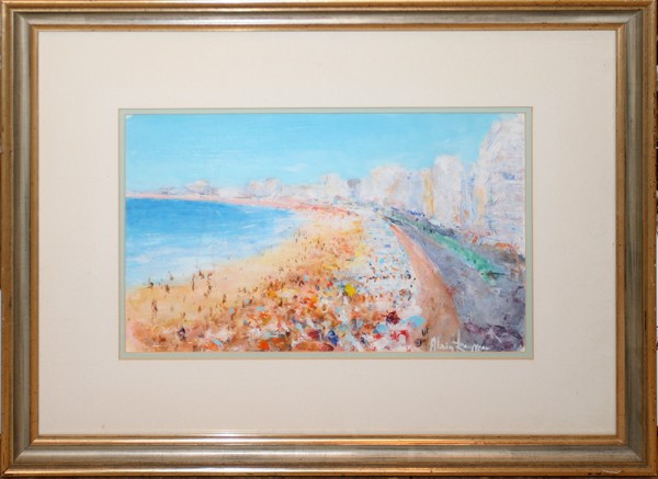 ALAIN ROUSSEAU GOUACHE, 9" X 14", BEACH SCENE: ALAIN ROUSSEAU (FR. B 1926), GOUACHE, 9" X 14", ABSTRACT BEACH SCENE:signed lower left, sticker from Left Bank Art Gallery, 3511 Frederica Road, St. Simmons, Georgia on verso; gilt wood frame, matted 