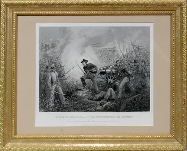 AFTER THOMAS NAST STEEL CUT ENGRAVING 19TH C 7": AFTER THOMAS NAST STEEL CUT ENGRAVING 19TH C 7" X 8" BATTLE OF CHICAMAUGA:from the original painting by Thomas Nast; Johnson Fry & Co. Publishers, New York; "Battle Of Chicamauga - Lt. Van Pelt Defend