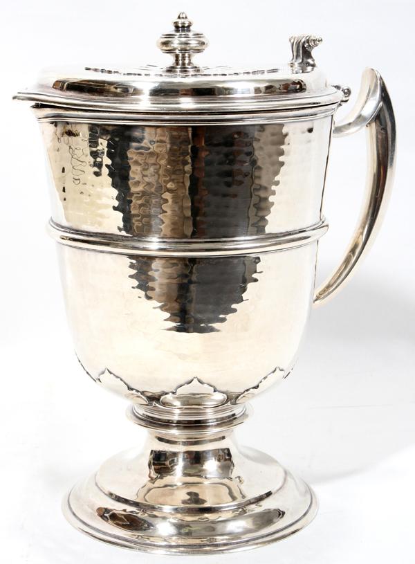 EDWARDIAN SILVER TANKARD, H. LAMBERT, LONDON: EDWARDIAN SILVER TANKARD, H. LAMBERT, LONDON, 1912-13, H 9 1/2", BRITANNIA STANDARD:Having a hinged cover, angular handle and pedestal base, hammered ground. Hallmarks include Britannia figure enclose