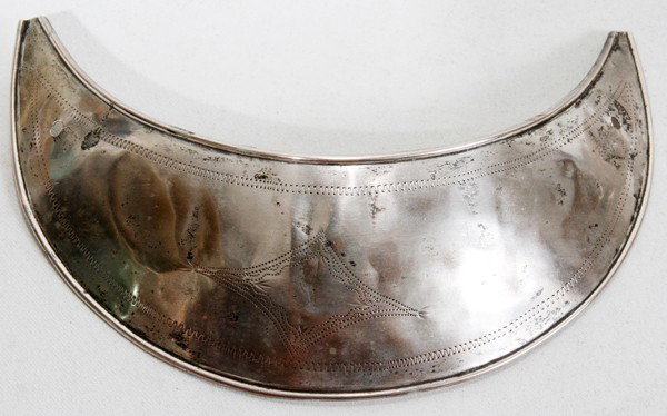 TRADE SILVER CRESCENT-FORM ORNAMENT, C. 1800, : TRADE SILVER CRESCENT-FORM ORNAMENT, C. 1800, W 5":Or pectoral, with incised decoration, not marked. Weighing approximately .56 troy oz. From the Estate of James O. Keene.