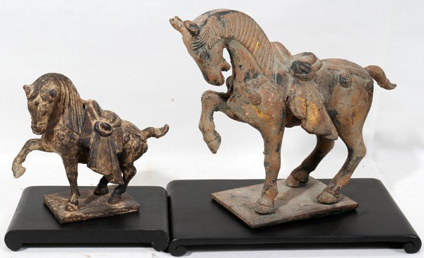 CHINESE IRON TANG STYLE HORSES, TWO, L 6" - 10": CHINESE IRON TANG STYLE HORSES, TWO, L 6" - 10":Including 1 at H.8 1/2", L.10 1/2", and 1 at H.5 1/2", L.6 1/2". From the collection of Dr Douglas Crary, Ann Arbor, Mi.