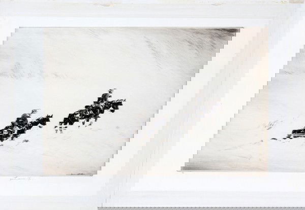 LEVON WEST (1900-68), ETCHING, 9 1/8" X 13 3/4": LEVON WEST (1900-68), ETCHING, 9 1/8" X 13 3/4":Depicting two cowboys in a sandstorm, pencil signed. Not framed. Levon West, American, 1900-1968. Paper size is 11 ' x 17". May be called "Heavy Going".