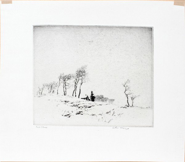 ARTHUR W. HALL (1889-1981) ETCHING, 6 3/4" X 8": ARTHUR W. HALL (1889-1981), ETCHING, 6 3/4" X 8", 'WINTER STORM':Signed. Active New Mexico, Kansas. Not framed. Arthur William Hall, American, 1889-1981. Paper size: 11' x 12 1/2".