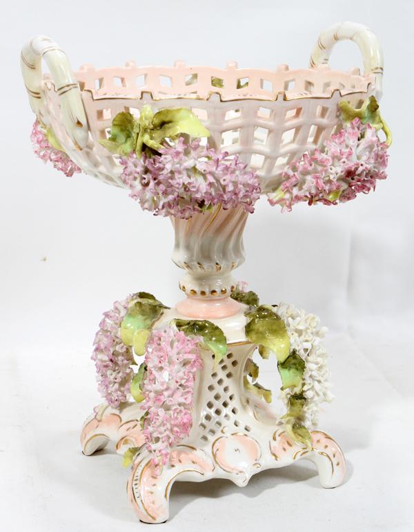 GERMAN ANTIQUE PORCELAIN CENTERPIECE COMPOTE, : GERMAN ANTIQUE PORCELAIN CENTERPIECE COMPOTE, H 11", 'LILACS':Dia 8 1/2". Reticulated border.