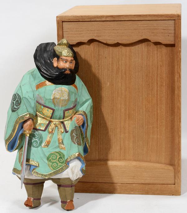 JAPANESE WOOD SAMURAI, H 9" + NINE NARA FIGURES: JAPANESE CARVED WOOD SAMURAI, H 9" + NINE NARA FIGURES:All ten figures are hand carved wood and made in Japan. Patinated figure of samurai - tips of feet have been broken off. Nine nara figures are in