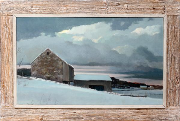 ERIC SLOANE OIL ON BOAR "PENNSYLVANIA BARN": ERIC SLOANE [AMERICAN 1905-1985] OIL ON BOARD 22" X 27" "PENNSYLVANIA BARN":Oil on fiberboard. Signed lower left in original rustic frame.