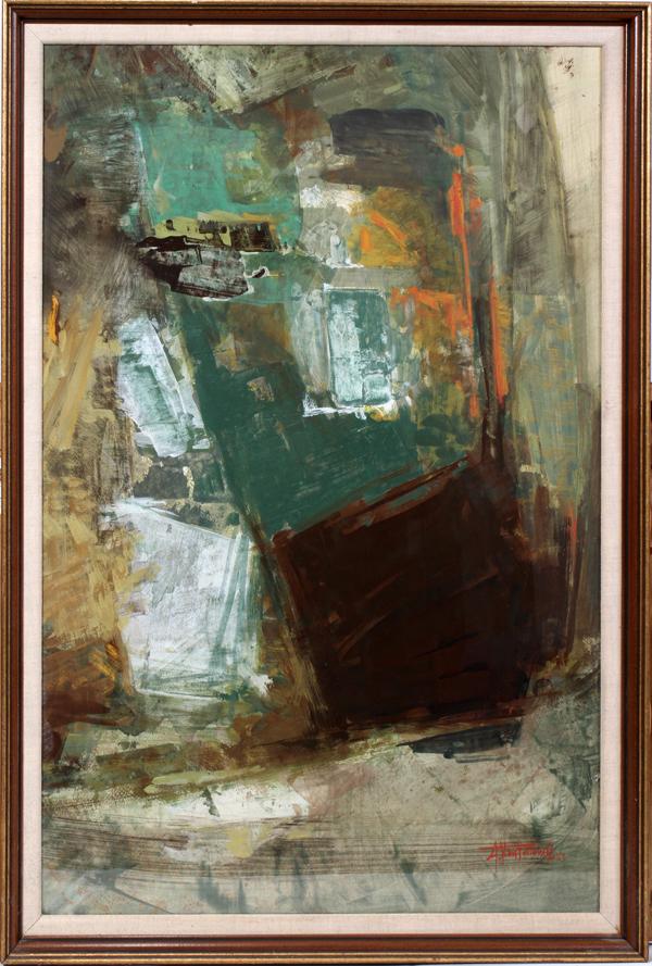 ALEX (ALECOS) KONTOPOULOS, GOUACHE, 1963, 36": ALEX (ALECOS) KONTOPOULOS, GOUACHE, 1963, 36" X 23", 'NATURE MORTE': (GREEK, 1905-1975):Nicely painted abstract in colors of green, grey, brown, orange and white. Signed and dated "963" at the lower r