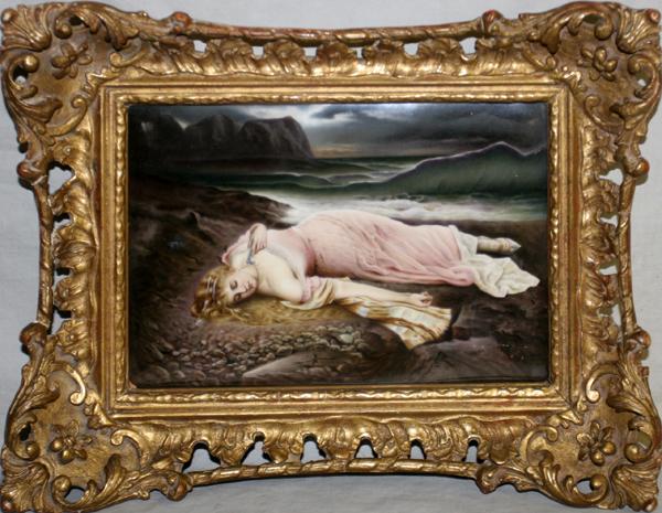 KPM BERLIN HAND PAINTED PORCELAIN PLAQUE, 7" X: KPM BERLIN HAND PAINTED PORCELAIN PLAQUE, 7" X 10", A SLEEPING BEAUTY ON THE BEACH:Unsigned on recto; verso incised with 'KPM' and the scepter mark and '308 G'; 19th c.; gilt frame.