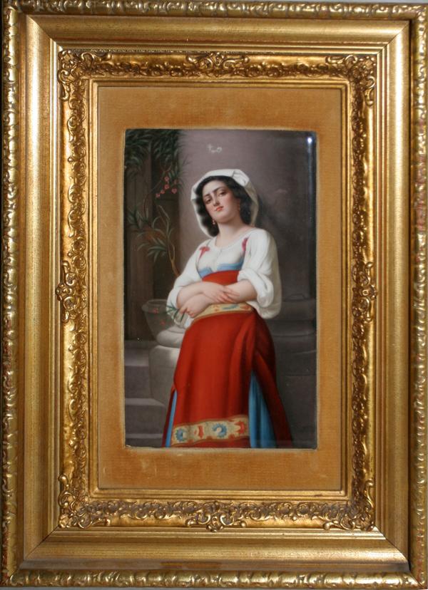 KPM BERLIN HAND PAINTED PORCELAIN PLAQUE 9 1/2": KPM BERLIN HAND PAINTED PORCELAIN PLAQUE, 9 1/2" X 5 3/4", ITALIAN GIRL IN RED SKIRT:Unsigned on recto; verso having incised scepter and KPM mark and the letter 'G' and the number '388'; 19th c; gilt