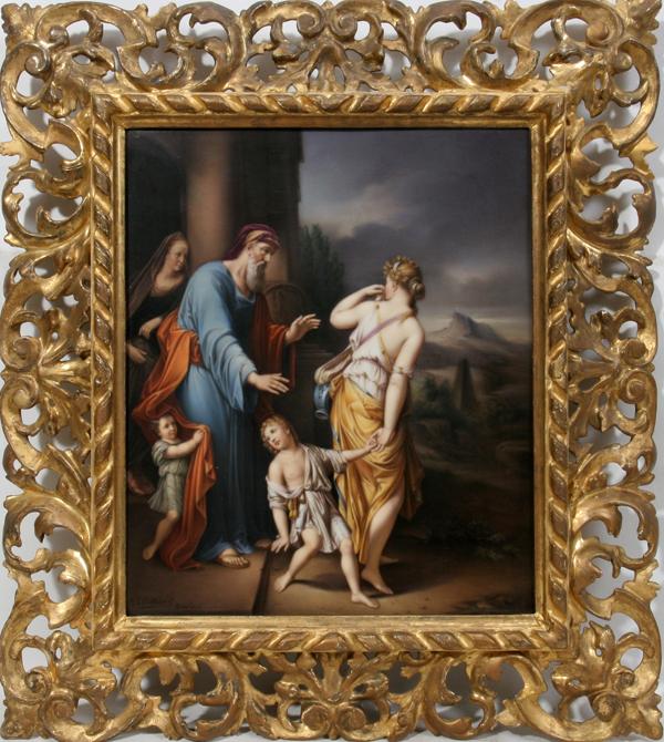 A.L. ECKARDT, KPM BERLIN PORCELAIN PLAQUE, 12": A.L. ECKARDT, KPM BERLIN PORCELAIN PLAQUE, 12" X 10", "HAGAR & ISHMAEL LEAVING THE HOUSE OF ABRAHAM":12 1/2" x 10 1/2"; hand painted and signed lower left, "A.L. Eckardt, Dresden" (see additional phot