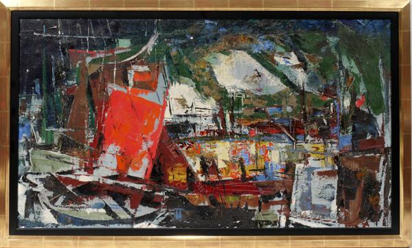 JUAN GONZALES, CUBAN - AMER OIL ON CANVAS, 20" : JUAN GONZALES, CUBAN - AMER OIL ON CANVAS, 20" X 35", 'NUMBER 18':Abstract in shades of orange, red, brown, dark green, light blue, golden yellow, and black, signed lower right, framed. Cuban-born Ame