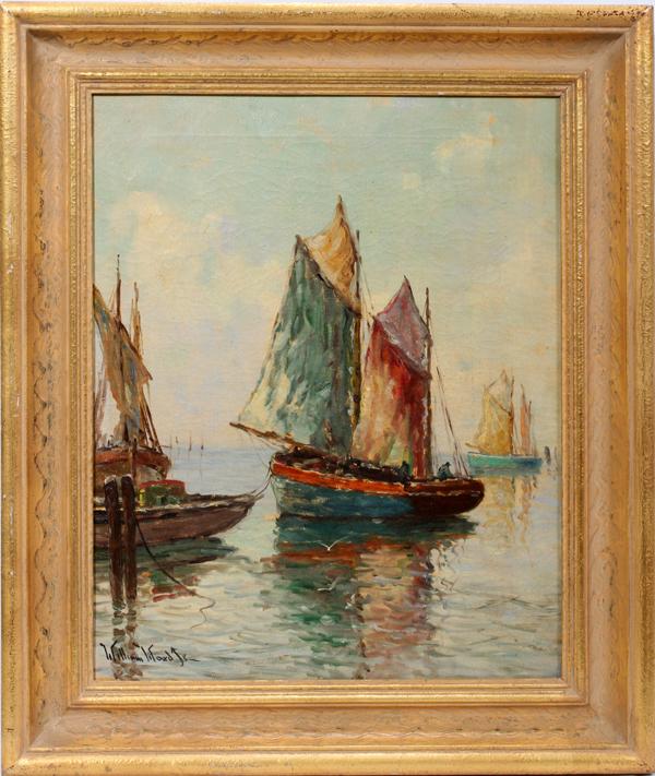 WILLIAM WARD JR. OIL ON CANVAS 20" X 16" HARBOR: WILLIAM WARD, JR., OIL ON CANVAS, 20" X 16", HARBOR WITH SAILBOATS: CANADIAN D. 1955:Signed lower left; copyright stamp on verso; gilt frame.
