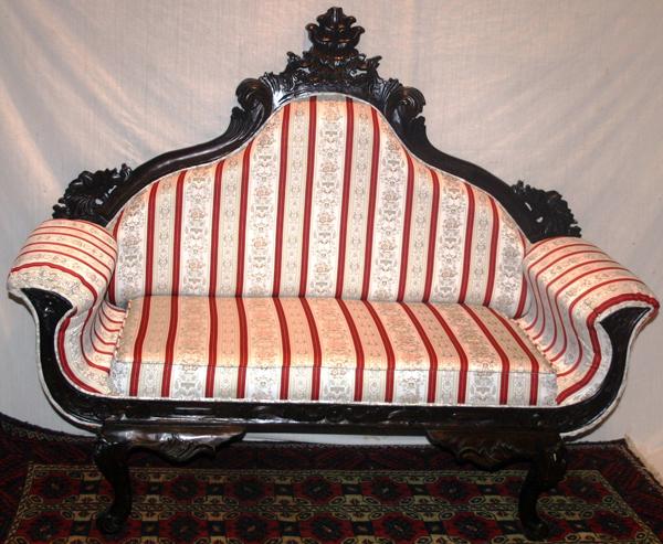 ROCOCO REVIVAL STYLE CARVED MAHOGANY SETTEE,: ROCOCO REVIVAL STYLE CARVED MAHOGANY SETTEE, L 60":With silk upholstery. Later 20th c.