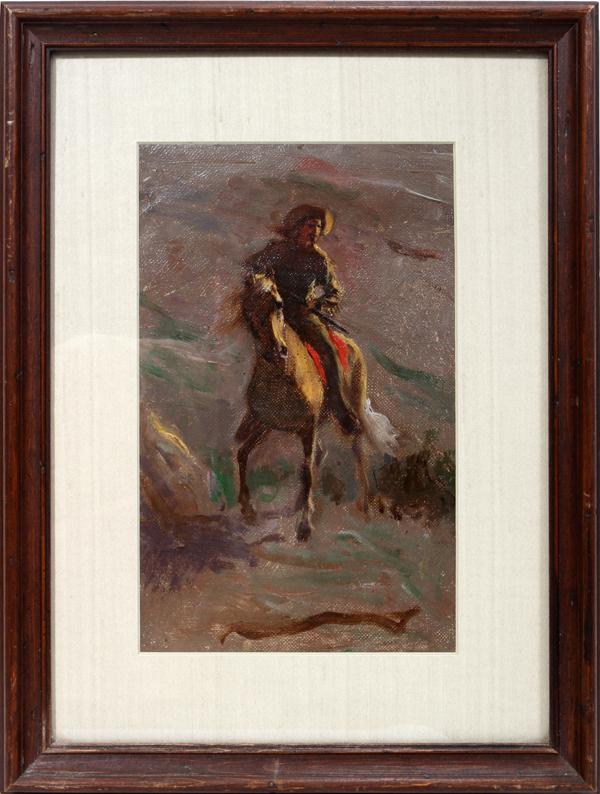 IRVING BACON OIL/CANVAS 10" X 6" BUFFALO BILL: IRVING BACON, OIL ON CANVAS 10" X 6" BUFFALO BILL:Not signed. Not on stretcher. Under glass. Estate of James O. Keene. From the Estate of James O. Keene