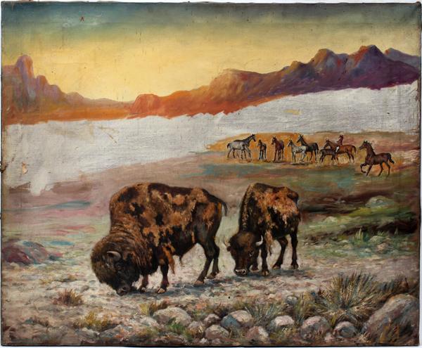 AMERICAN OIL ON CANVAS 29" X 36" WESTERN SCENE: AMERICAN OIL ON CANVAS, C. 1900 - EARLY 20TH C., 29" X 36", WESTERN SCENE WITH BUFFALO:Unframed and unsigned. From the Estate of James O. Keene