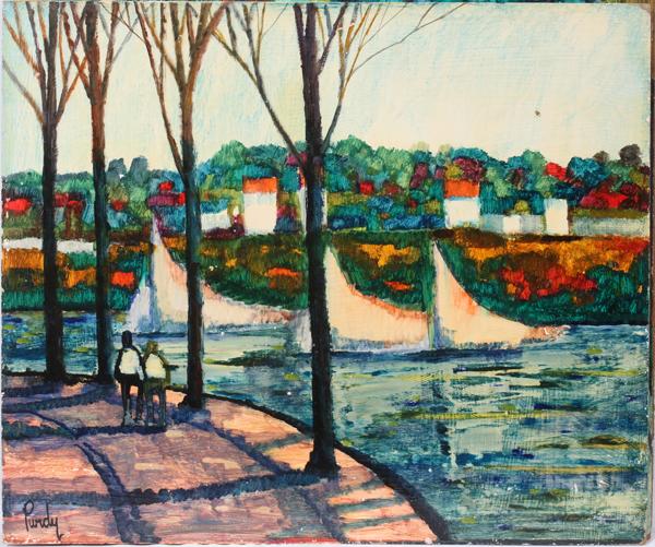 DONALD PURDY, OIL ON MASONITE, 20" X 24", : DONALD PURDY, OIL ON MASONITE, 20" X 24", "RIVERWALK":Signed lower left, titled on verso; unframed.