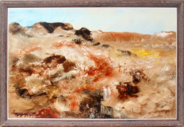 REGINALD POLLACK, OIL ON PANEL, 1982, 16" X 24": REGINALD POLLACK, OIL ON PANEL, 1982, 16" X 24", 'TAFRAOUT":Signed and dated recto and on verso; unframed.