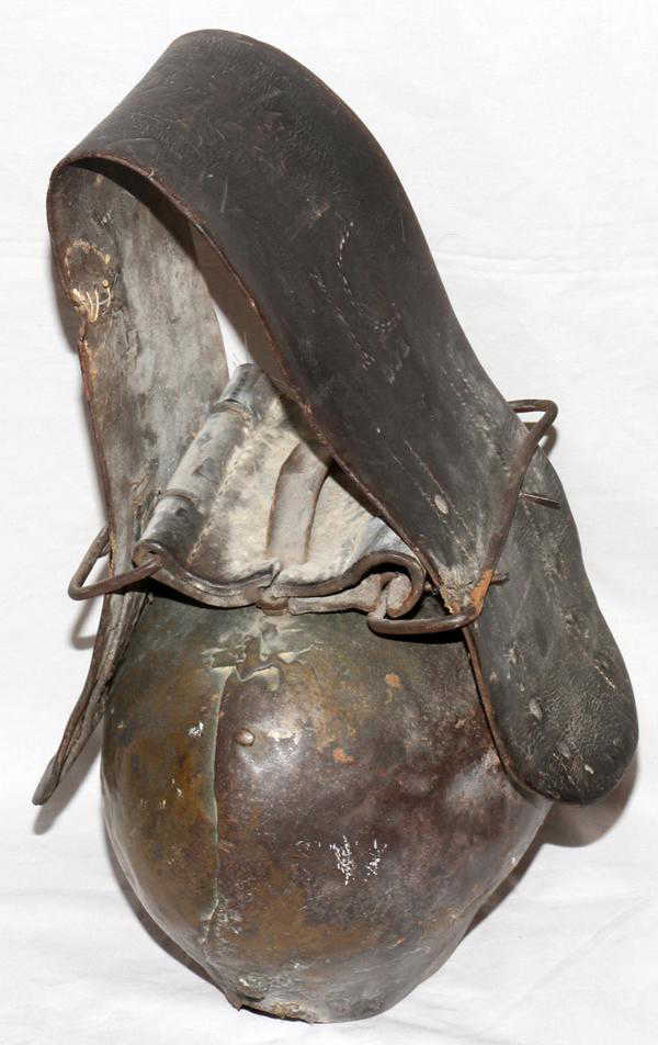 102363: ANTIQUE SWISS COW BELL W/ LEATHER STRAP, H 21"