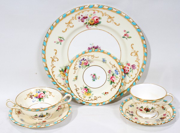 MINTON PORCELAIN DINNER SERVICE, 63 PIECES: MINTON PORCELAIN DINNER SERVICE, 63 PIECES:Including 8 teacups (plus 3 with damaged/detached feet and 1 with a chip to the foot) and 11 saucers (plus 1 cracked), Dia. 5 1/2"; 10 cream soups (plus one 