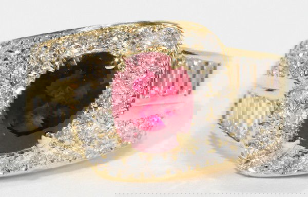 1.35 CT. NATURAL RUBY & 1.50 CT. DIAMOND RING: 1.35 CT. NATURAL RUBY & 1.50 CT. DIAMOND RING:Ruby is heat enhanced. Size 6 1/2. Diamonds Vs-2 clarity, G-color. 18kt yellow gold. Total weight 8.2 grams.