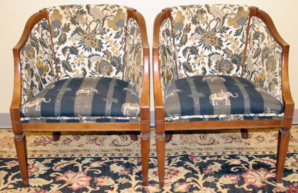 WALNUT TUB STYLE CHAIRS PAIR: WALNUT TUB STYLE CHAIRS PAIR:Elephant with palm tree upholstery; Hepplewhite style.