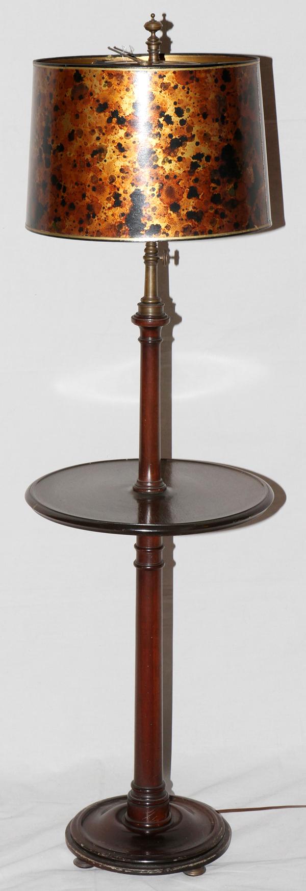 MAHOGANY FLOOR LAMP: MAHOGANY FLOOR LAMP:Central tray, gs globe. From the collection of Dr Douglas Crary, Ann Arbor, Mi.