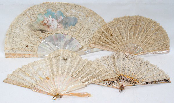 MOTHER-OF-PEARL & LACE FANS, C. 1900, FOUR, : MOTHER-OF-PEARL & LACE FANS, C. 1900, FOUR, L 8"-11" CLOSED:Including 1 fan with a hand-painted silk panel depicting Venus and Cupid, signed "L. Prieur", 1 fan accented with sequins, and 2 others.