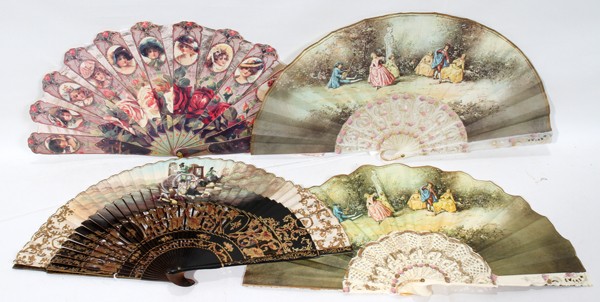 EDWARDIAN FANS, C. 1900, FOUR, L 8"-9" CLOSED: EDWARDIAN FANS, C. 1900, FOUR, L 8"-9" CLOSED:Including 1 Chinese fan with lacquered sticks and hand-painted 18th century style scene, 1 lithographed fan mounted on paper, and 2 faux mother-of-pearl f