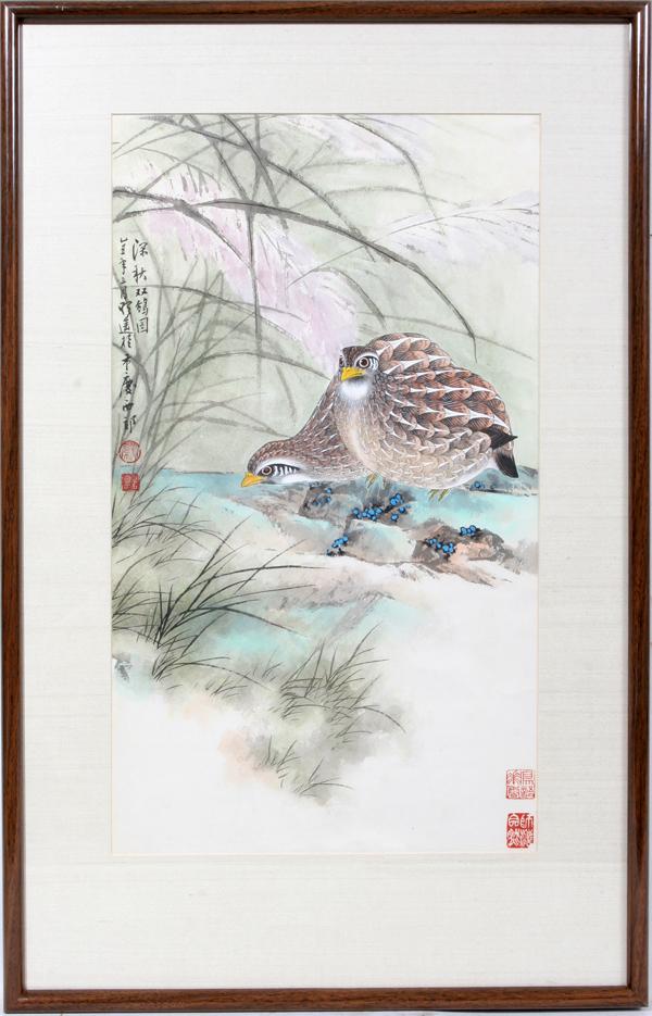 JAPANESE WATERCOLOR ON PAPER, 22 1/2" X 13": JAPANESE WATERCOLOR ON PAPER, 22 1/2" X 13", TWO QUAILS:Two seals in right corner, under glass and matted in a wood frame. From the Estate of Amelia Judd Smith, Saginaw, Mi.