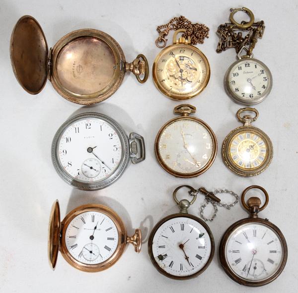 SHEFFIELD, HAMPDEN, EVER SWISS & OTHER WATCHES: SHEFFIELD, HAMPDEN, EVER SWISS & OTHER POCKET WATCHES, EIGHT:By various makers and of various metals/materials. Three are clearly indicated as gold filled; the others are unable to be opened. Also inc