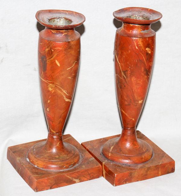 ENGLISH TOLE CANDLESTICKS, ANTIQUE, PAIR,: ENGLISH TOLE CANDLESTICKS, ANTIQUE, PAIR, H 7 1/4":Marbleized pattern. Bobeches are loose. From the estate of Elsie Epstein.